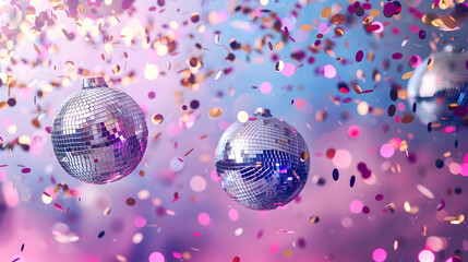 Decorative disco balls with silver confetti on iridescent background