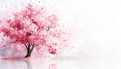 Blooming cherry blossom trees, gentle breeze, springtime scene, Watercolor style