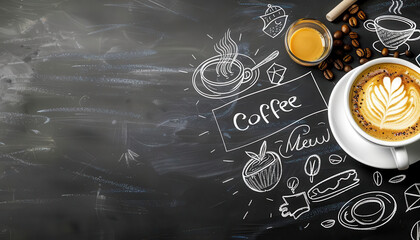 Coffee menu, blackboard with vibrant chalk drawings, cozy coffee shop, Watercolor style