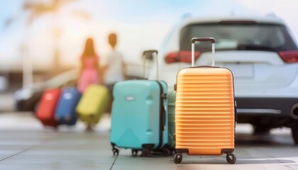 Family with packed suitcases getting into a car for a road trip, family vacation, travel excitement