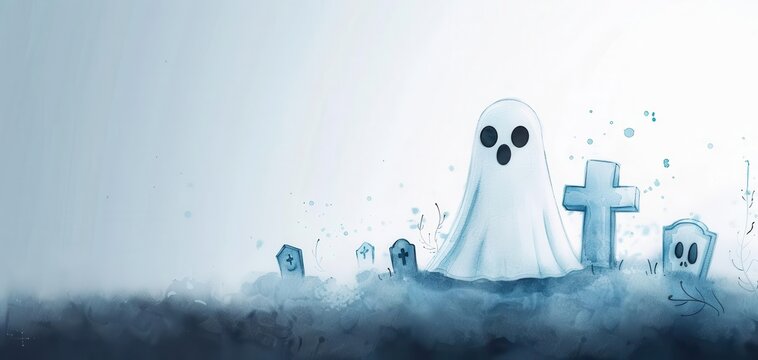 Ghostly figure, misty graveyard, moonlit night, watercolor style