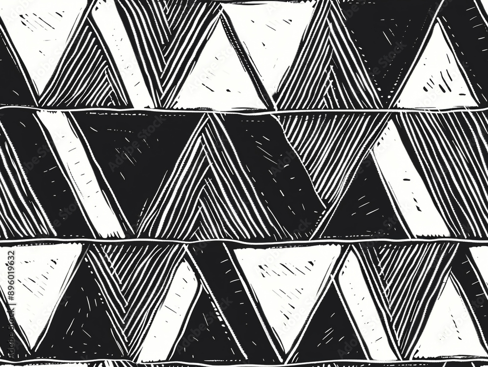 Poster a hand-drawing pattern of black and white lines in the form of triangles, chevron and zigzag style.