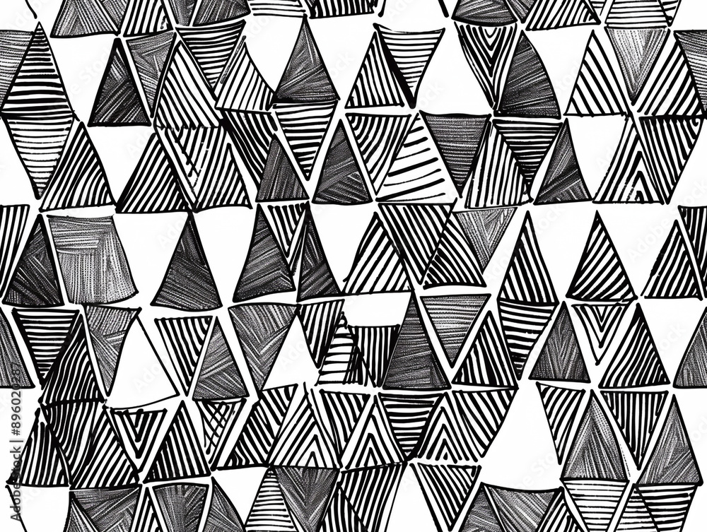 Poster a hand-drawing pattern of black and white lines in the form of triangles, chevron and zigzag style.