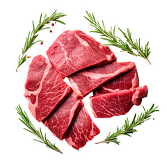 Fresh Raw beef slices with rosemary and leaves png isolated on a transparent background
