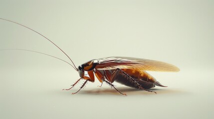 A close-up photorealistic image of a single cockroach, its exoskeleton glistening under a spotlight