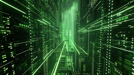 Obraz premium A high-tech design with neon green and black lines, reminiscent of a digital matrix