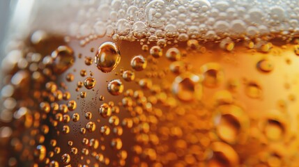 A close-up shot of a beer glass, capturing the delicate details of the foam's bubbles, the condensation droplets