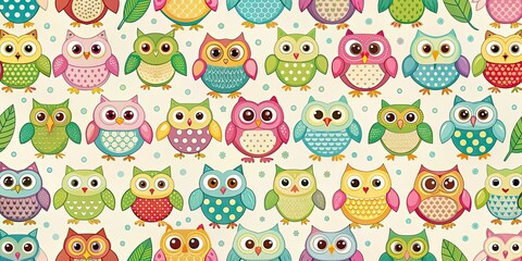 Seamless pattern featuring cute owls in various poses and colors , owls, birds, seamless, pattern, nature, wildlife, forest