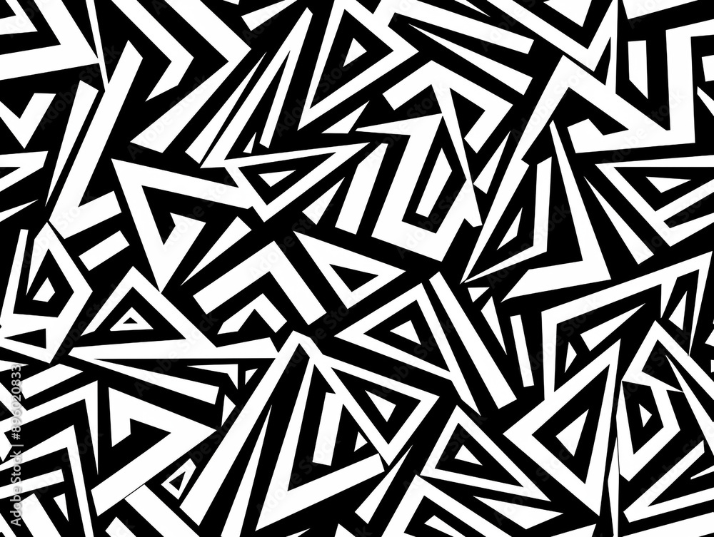 Poster a hand-drawing pattern of black and white lines in the form of triangles, chevron and zigzag style.