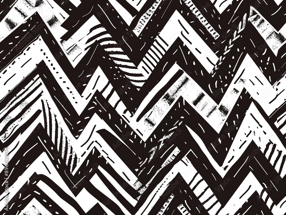 Poster a hand-drawing pattern of black and white lines in the form of triangles, chevron and zigzag style.