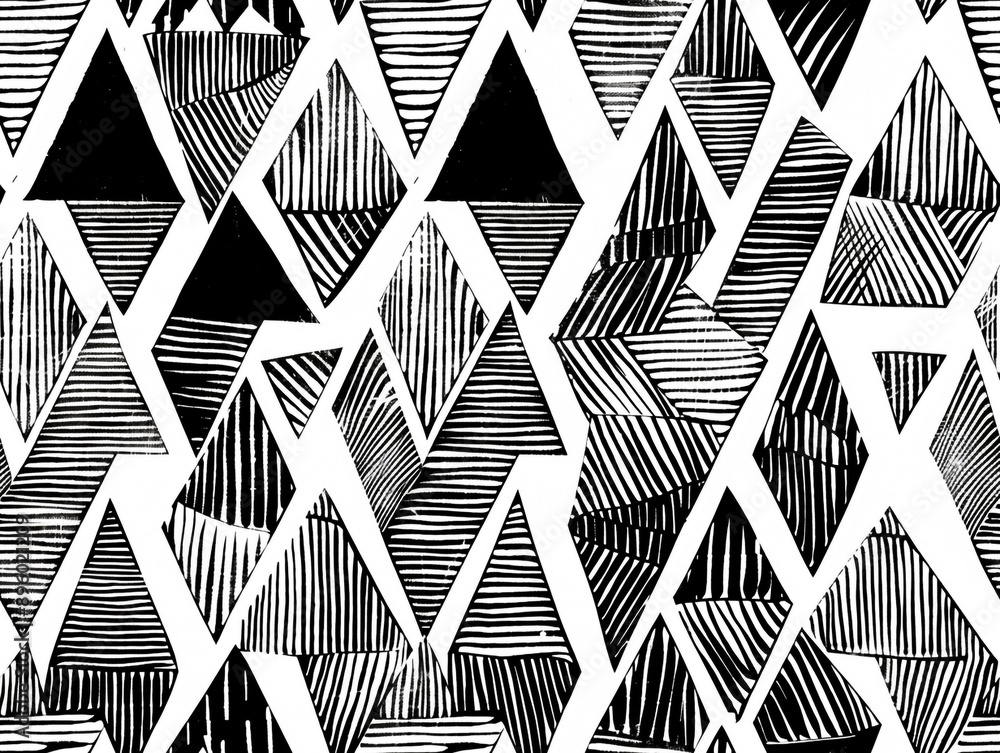 Poster a hand-drawing pattern of black and white lines in the form of triangles, chevron and zigzag style.