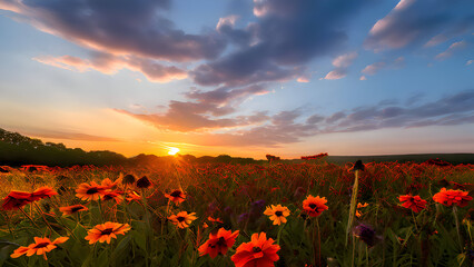 Fototapeta premium an-early-morning-sunrise-over-a-field-of-wildflowers-with-the-sky-ablaze-in-warm-colors 