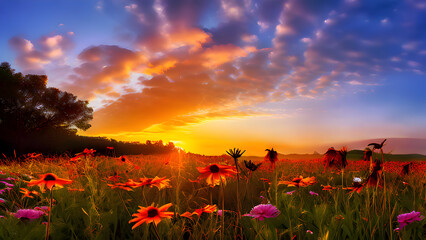an-early-morning-sunrise-over-a-field-of-wildflowers-with-the-sky-ablaze-in-warm-colors 