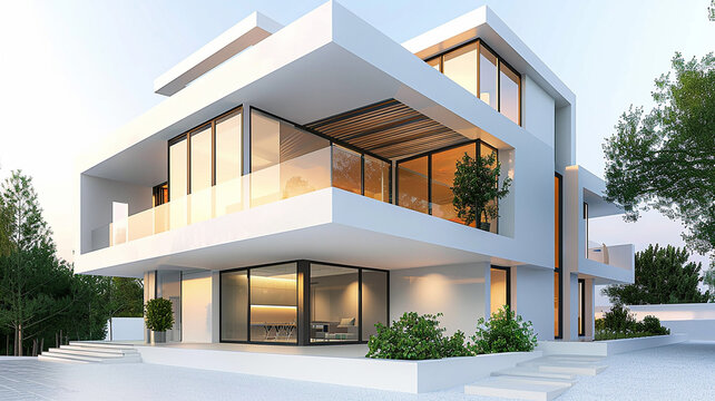 Modern house design, 3D rendering on white background, minimal style,