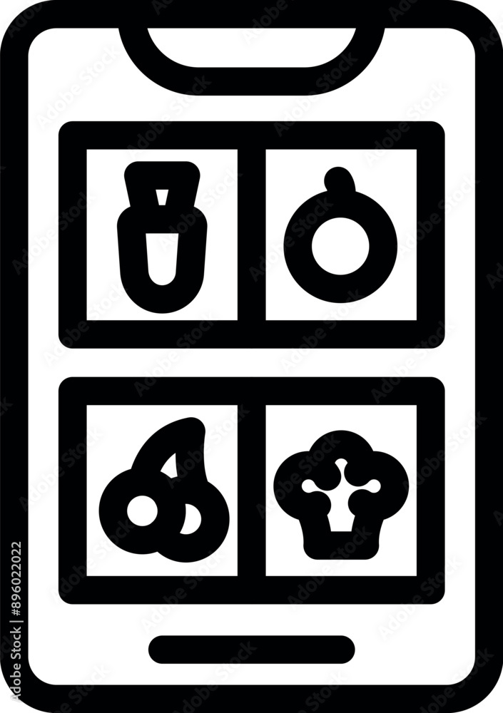 Poster simple icon of a smartphone showing an online shopping app interface for ordering groceries, with ic