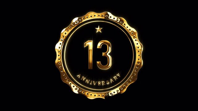 13th Anniversary Celebration. Happy 13 Years Anniversary Animation in Gold Color on the Transparent Background, Alpha Channel. Great for greetings, celebrations, events, and gifts.