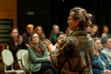 Fototapeta premium Author Presents Latest Work at Literary Festival to Engaged Audience - Ideal for Editorial Use