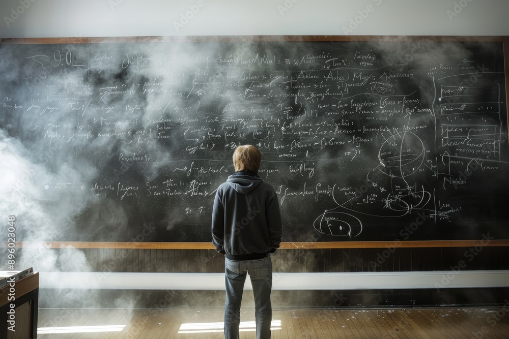 Poster genius mathematician solving complex equations in university classroom with chalk dust and intense f