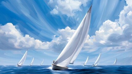 A serene scene of white sailboats gliding across a tranquil blue sea under bright clouds and a vibrant sky.