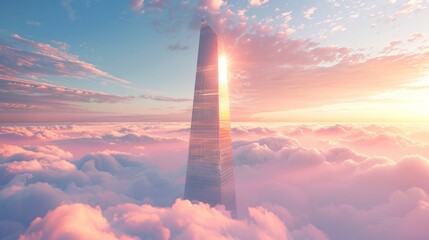A gleaming glass skyscraper piercing the clouds, bathed in the warm hues of a sunrise