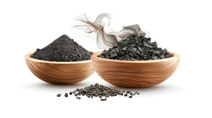 Three wooden bowls filled with different sizes of charcoal pieces. A plume of smoke rises from the bowl on the left