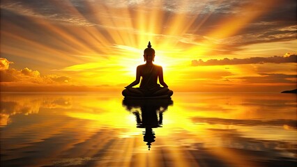 Buddha silhouette meditating on a golden sunset background, Buddhism, meditation, enlightenment, peace, serenity