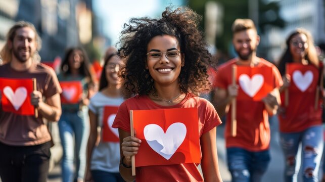 Community Walkathon Promoting Heart Health with Participants in Matching T-Shirts Holding Banners