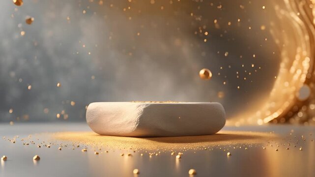 Abstract empty stone podium with luxury golden confetti. Cosmetic beauty product promotion pedestal