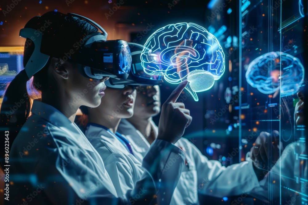 Aufkleber scientists using augmented reality glasses to study 3d brain model in futuristic laboratory