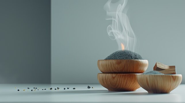 Three wooden bowls filled with different sizes of charcoal pieces. A plume of smoke rises from the bowl on the left - Powered by Adobe
