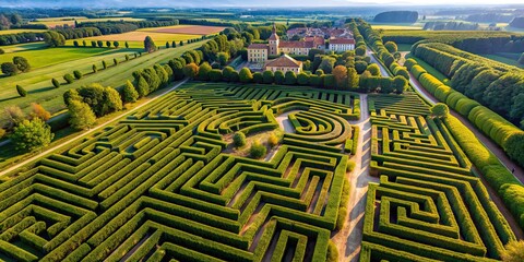 Aerial drone shot of the stunning Fontanellato Maze of Masone in Parma Province, Italy , maze, labyrinth