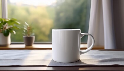 Fototapeta premium white cup of coffee or tea on the morning table