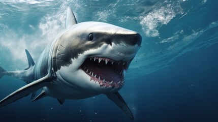 Fototapeta premium A great white shark breaching the ocean surface, its jaws wide open revealing rows of sharp teeth.