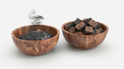 Three wooden bowls filled with different sizes of charcoal pieces. A plume of smoke rises from the bowl on the left