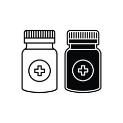 Set of pill bottle icons, bottle with a medical cross, isolated on a white background.