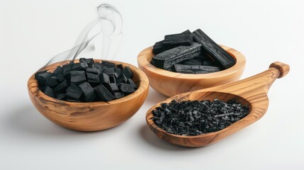 Three wooden bowls filled with different sizes of charcoal pieces. A plume of smoke rises from the bowl on the left