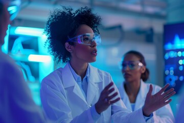 Female Scientist Discussing Medical Breakthrough in High-Tech Lab for Innovation and Research