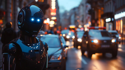Robot policia en una calle concurrida de ciudad al anochecer