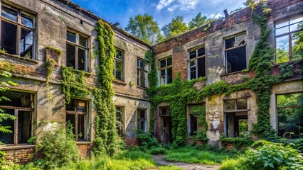 Fototapeta premium Old, abandoned building with broken windows and overgrown vegetation, derelict, decaying, urban, neglected, historic