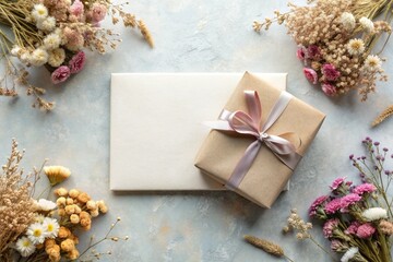 Flat lay greeting card mockup with a gift box and dried flowers