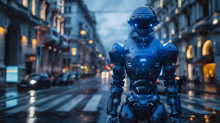 Obraz premium Robot policia en una calle concurrida de ciudad al anochecer