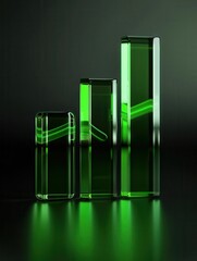 Stacked green glass bars showcasing growth and progress against a dark background, perfect for business and finance themes.