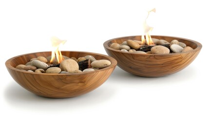 Three wooden bowls filled with different sizes of charcoal pieces. A plume of smoke rises from the bowl on the left