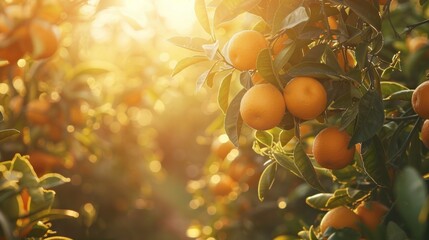 A lush citrus grove bathed in the warm glow of the setting sun, with plump oranges hanging heavily from the branches.