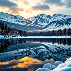 거대한 산맥에 눈쌓인 산과 호수