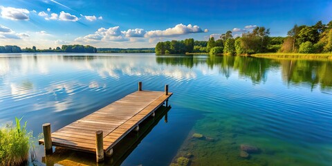 Waterfront lake with a small wooden pier extending into the clear water , water, view, pier, perfect, serene