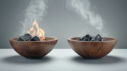 Three wooden bowls filled with different sizes of charcoal pieces. A plume of smoke rises from the bowl on the left
