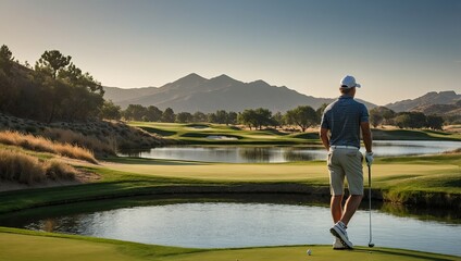 Create a stunning 8K ultra-realistic sport photograph featuring A photo of a golfer lining up a putt with intense