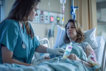 Nurse Assisting Patient with Intravenous Drip in Post-Surgery Recovery for Heart Disease