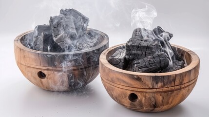 Three wooden bowls filled with different sizes of charcoal pieces. A plume of smoke rises from the bowl on the left